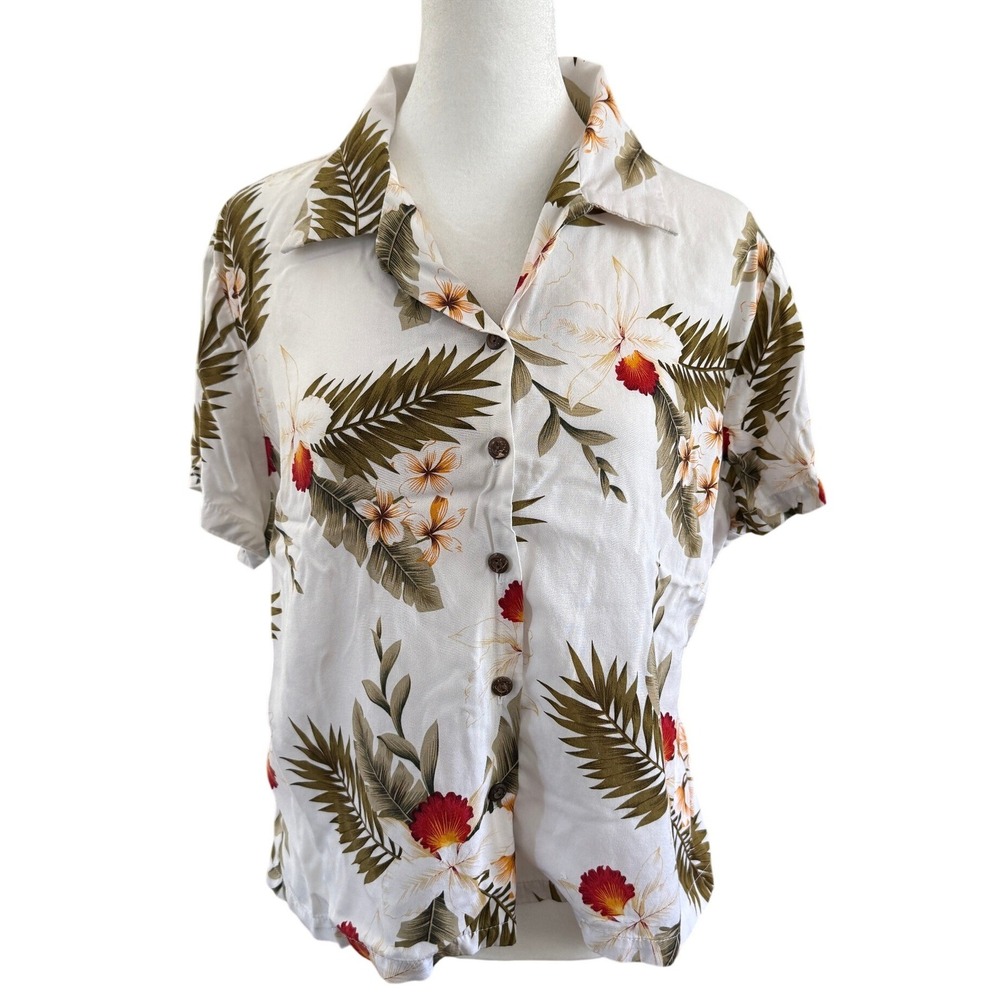 Two Palms Womens Hawaiian Shirt Tropical Floral Rayon Aloha Top L Beach Resort